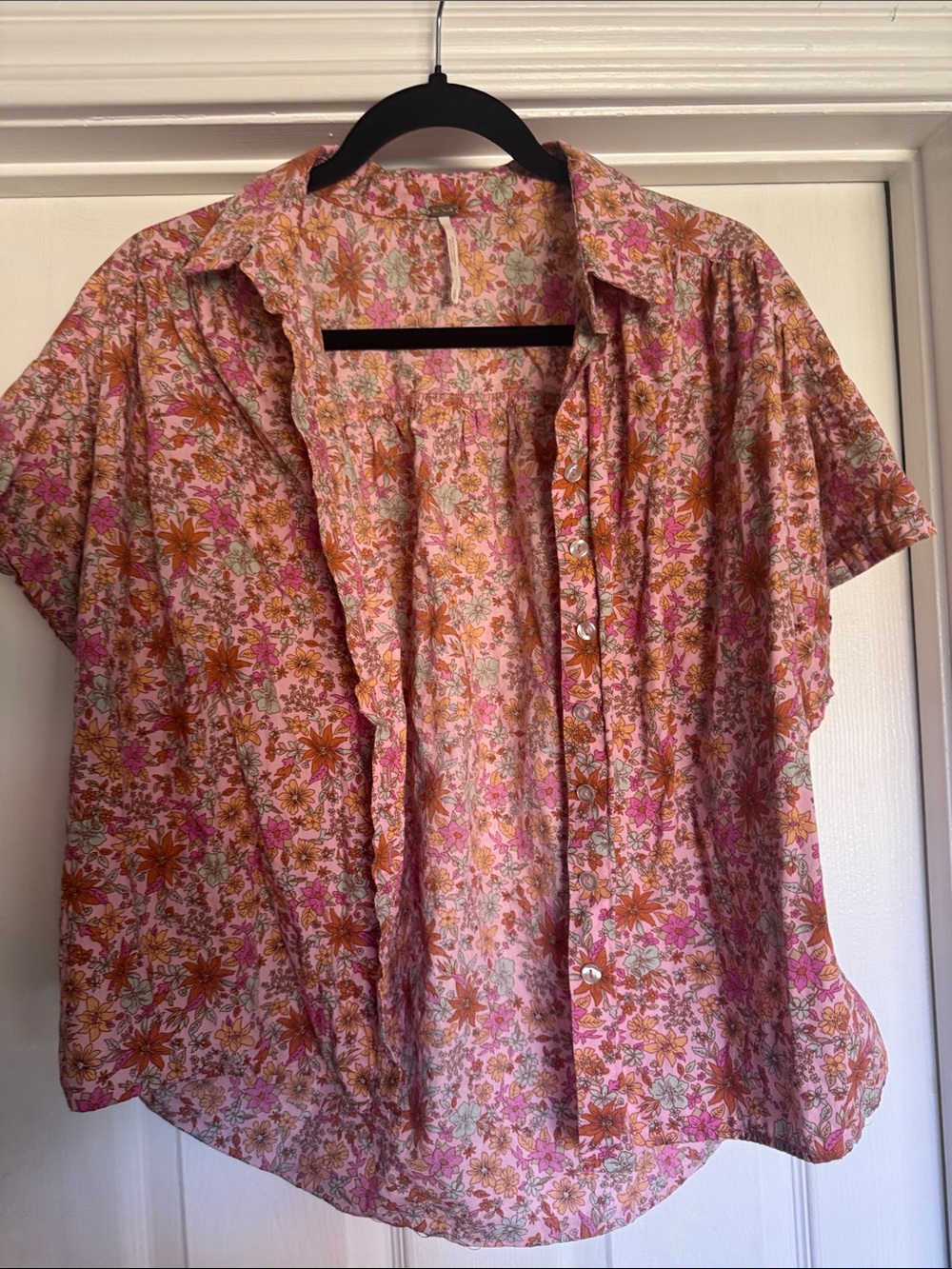 Free People Pink & Orange Floral Button-Down Short Sleeve Top